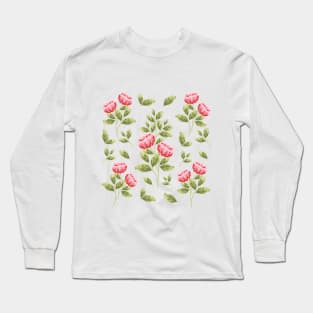 Red Flower and Green Leaves Pattern Long Sleeve T-Shirt